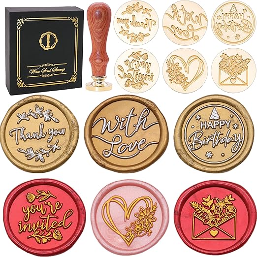 SWANGSA Blessing Wax Seal Stamp Gift Box Set, Vintage 6 Sealing Stamp Heads and 1 Wooden Hilt for Wedding, Party Invitations, Envelops, Christmas Cards and Gift (Phrases Kit)
