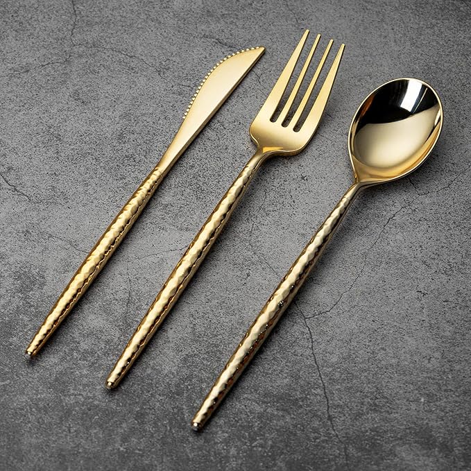 SUT 300PCS Gold Plastic Silverware, Gold Plastic Utensils, Heavy Duty plastic Silverware, Includes:100 Knives, Forks and Spoons, Birthday, Wedding, Hammered silverware Set