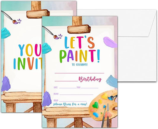 Art Birthday Party Invitations, Let's Paint Birthday Invitation, Double-Sided Fill In Invites, Painting Birthday Party Decorations, 20 Cards With 20 Envelopes(D12)