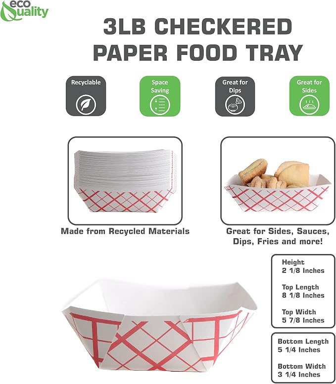 400ct Heavy Duty Disposable Paper Food Tray (3 LB) - Red Check Food Tray, USA MADE, Recyclable, Biodegradable, Compostable, Great for Picnics, Carnivals, Party, Camping, BBQ, Restaurants, Fries - Image 3