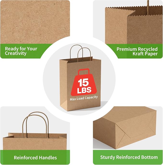 Simple Deluxe Value Pack of 50 Kraft Paper Bags with Handles (10x5x13 Inch) - Made in USA from 90GSM 100% Recycled Paper for Retail, Bulk Savings for Retail, Stores & Gift Packaging - Image 5
