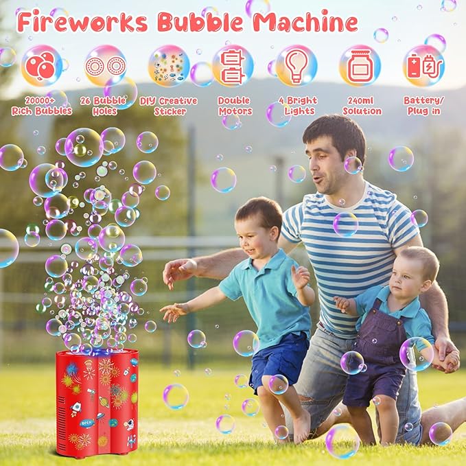 Panamalar Fireworks Bubble Machine, Automatic Bubble Blower 20000+ Bubbles per Minute for Kids, 26 Holes Bubble Machine Maker with Lights/240ml Solution/DIY Sticker for Outdoor Party Wedding Garden