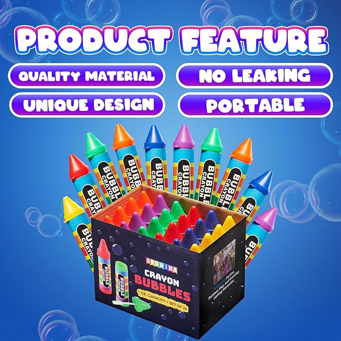 Mini Crayon Bubbles for Kids - (Pack of 24) Bulk 1 Fl Oz Bottles with Wands - Crayon Shape Bubbles in Bright Assorted Colors - Non-Toxic Mini Outdoor Party Favor Toys, Goodie Bags for Spring & Summer