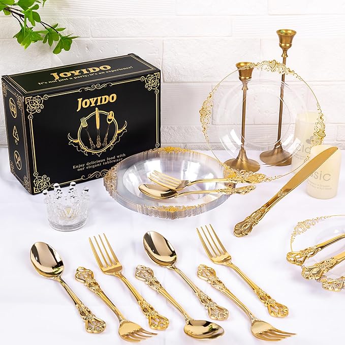 90 Pieces Gold Plastic Silverware - Heavy Duty Gold Disposable Utensils - Fancy Plastic Cutlery Set Includes 30 Forks, 30 Spoons, 30 Knives for Dinner Parties Weddings