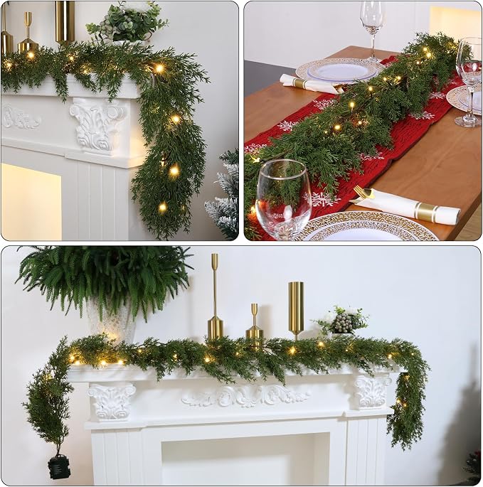 6.2 FT Prelit Christmas Cedar Garland 3 PCS, Realistic Artificial Pine Needle Faux Cypress Greenery with 20 Lights for Christmas Table Mantle Wall Room Outdoor Indoor Winter Decoration - Image 4