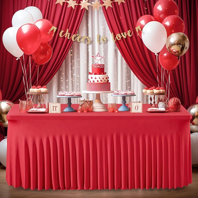 1 Pack Red Table Clothes for 4 Foot Rectangle Tables, Wrinkle Resistant Stretch Spandex Table Covers Fitted Tablecloth with Skirt for Valentines Wedding Birthday Party Event Banquet - Image 4