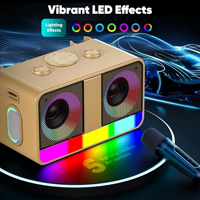 Karaoke Machine, Real 35W Portable Speaker,8H Long Time, 2 Rechargeable Wireless Microphones,LED,Karaoke Machine for Adults & Kids,BT/FM/USB/TF/AUX,for Home Party/Outdoors(CHJ171-Golden)