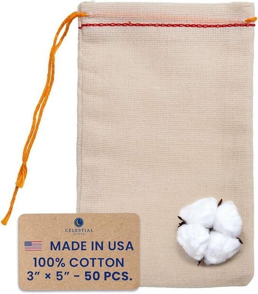Celestial Gifts Cotton Muslin Drawstring Bags, 50 Pcs, Made in USA | Reusable 100% Cotton Tea, Jewelry, Gift, Spice & Sachet Bags, Small 3x5, Red Hem & Orange Drawstring, Craft Packaging by CelestialGifts