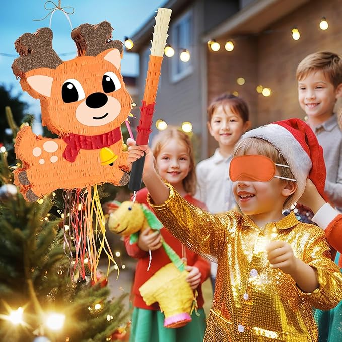 WERNNSAI Christmas Reindeer Pinata - Christmas Elk Decorations Xmas Reindeer Party Games for Kids Merry Xmas Decorations Indoor Outdoor Festival Carnival Party Supply Xmas Pinata with Blindfold Bat