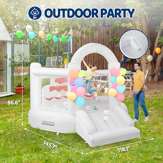 (2025 New) JOYMOR Bounce House for Kids (12FTx10FTx7.2FT) with Slide, Balloons, Spacious Bouncer, White Bounce House for Kids Birthday Party w/Blower 30s Set-up, Portable Bag (Cake)