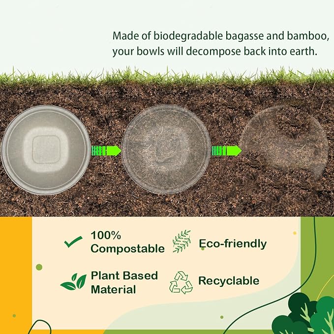 24 Oz Disposable Paper Bowls - Heavy Duty Disposable Bowls - Made from Natural Bagasse - Disposable Bowls for Hot Soup, Salad, Dessert, and More [50 Pack] - Image 3