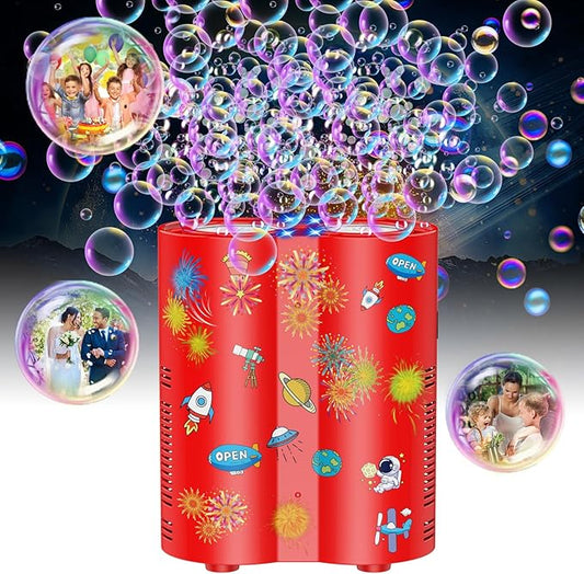 Panamalar Fireworks Bubble Machine, Automatic Bubble Blower 20000+ Bubbles per Minute for Kids, 26 Holes Bubble Machine Maker with Lights/240ml Solution/DIY Sticker for Outdoor Party Wedding Garden