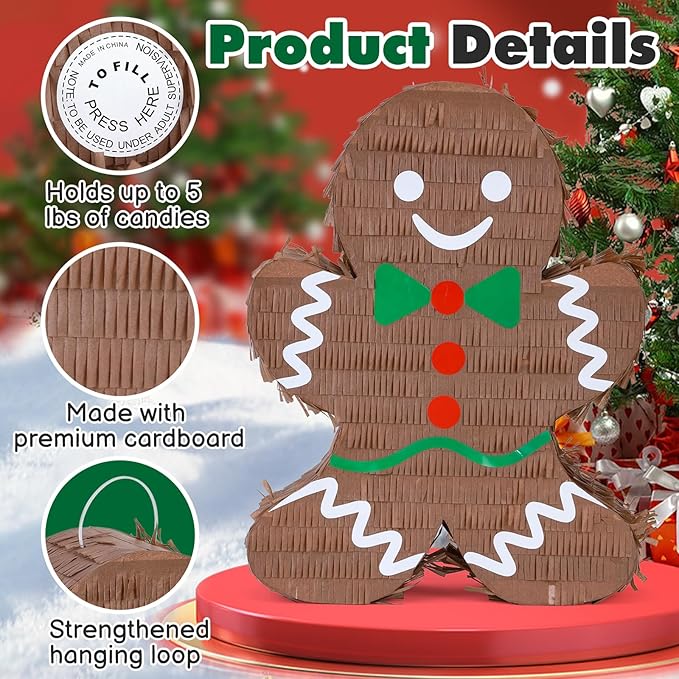 Christmas Gingerbread Man Pinatas Bundle with a Blindfold and Bat (Small Size 16.5x12.5x4 Inches), Holiday Theme Piñata, Christmas Party Supplies, Xmas Piñata, Party Decoration Games