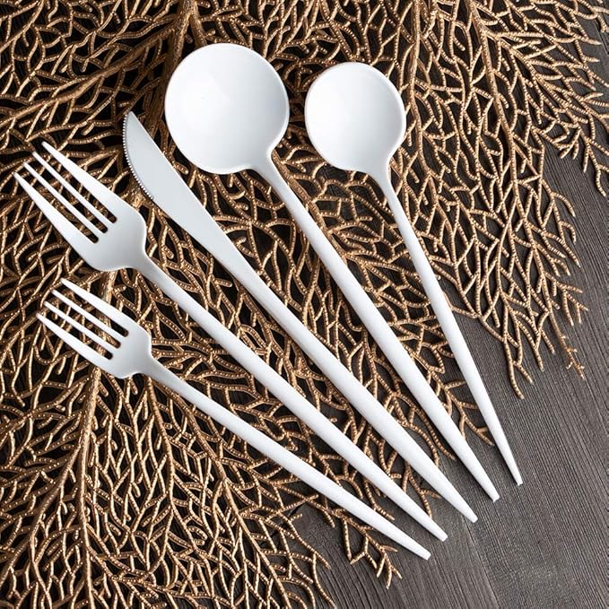 Novelty Modern Flatware Cutlery Disposable Plastic Combo Set 80 Count Luxury White, Service for 16