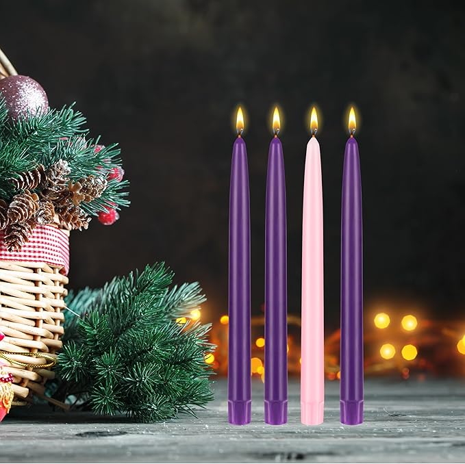Mega Candles 4 pcs Unscented Christmas Advent Candles Set, Self Fitting Hand Dipped Color Core Taper Candle 10 Inch x 7/8 Inch, Holidays, Festivities, Devotional, Church, Wreath, Party, Gifts