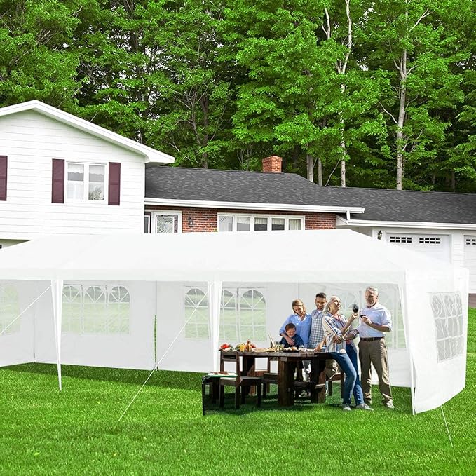 Tangkula 10' x 30' Party Tent, Portable Outdoor Tent with 5 Removable Sidewalls, and Connection Stakes, Ropes, Suitable for BBQ, Beach, Garden and Outdoor Events, Wedding Tent, White