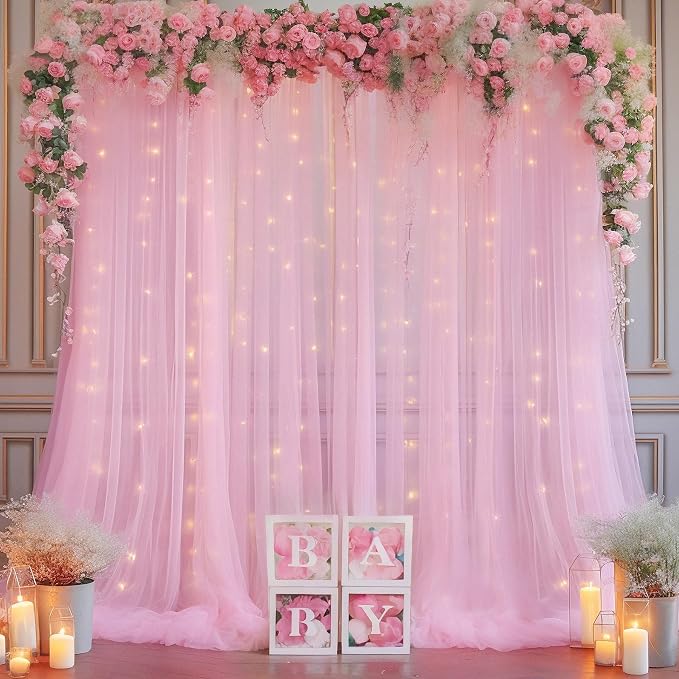 20ft x 8ft Pink Backdrop Curtain with Lights String for Parties, Sheer Tulle Wedding Photo Backdrops Drapes for Baby Shower Birthday Party Decorations Background for Photography - Image 7
