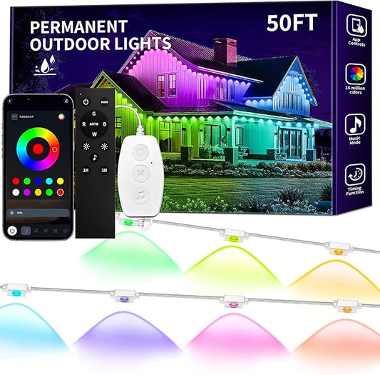 KSIPZE Permanent Outdoor Lights for House, 50ft Smart RGB+IC Eaves LED Lights with App & Button Control, 200+ Dynamic Scene Modes, IP67 Waterproof for Roof, Garden, Christmas, Party Decor