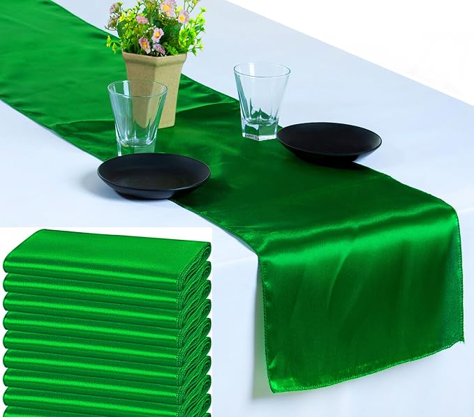 VDS Pack of 25 Satin Table Runners Charmeuse Sateen Silk Centerpiece Cloth Linen for Wedding Birthday Graduation Engagement Ceremony Event Party Banquet Table Decoration (12x108 inch)(Green) by VDS