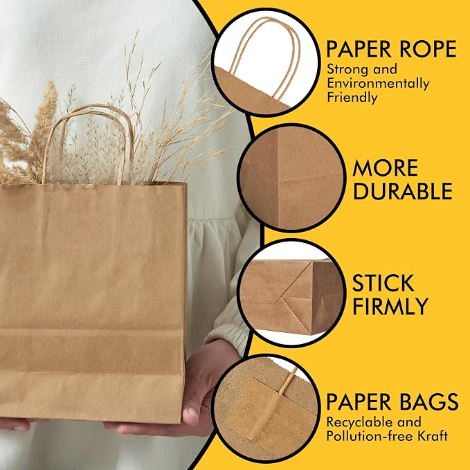 RACETOP Brown Kraft Gift Paper Bags 50 Pack 8x4.5x10.8 in with Handles | Recycled Paper, Reinforced Handles, for Crafts, Retail, Shopping, Favors, Gift Giving, Eco-Friendly - Image 3
