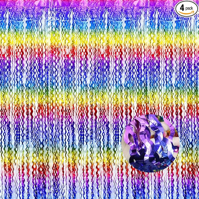 Rainbow Color Fringe Curtain Tinsel Streamer For Birthday Wedding Valentines Baby Shower, 4 Pack 6.56*3.28 FT Wave Metallic Tinsel Backdrop Party Streamers Backdrop Garland Photo Booth Door Decoration