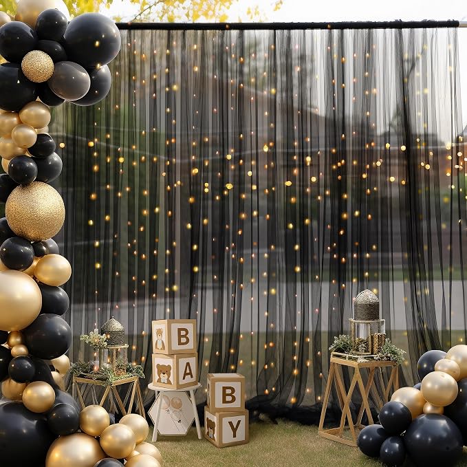 30ft x 8ft Black Backdrop Curtain Panels with Lights String for Parties, Sheer Tulle Wedding Backdrop Drapes for Baby Shower Birthday Party Home Decorations - Image 2
