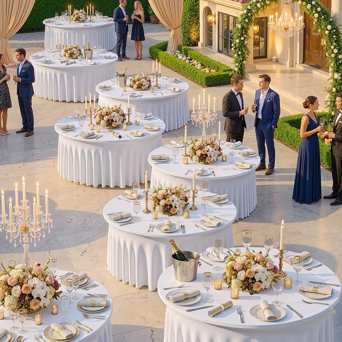 4Pack White Round Spandex Tablecloths for 60 inch Table, Stretchy Wrinkle Free 120inch Fitted 5FT Round Table Cloths Cover with Skirt for Wedding Birthday Party Dining Banquet Events - Image 3