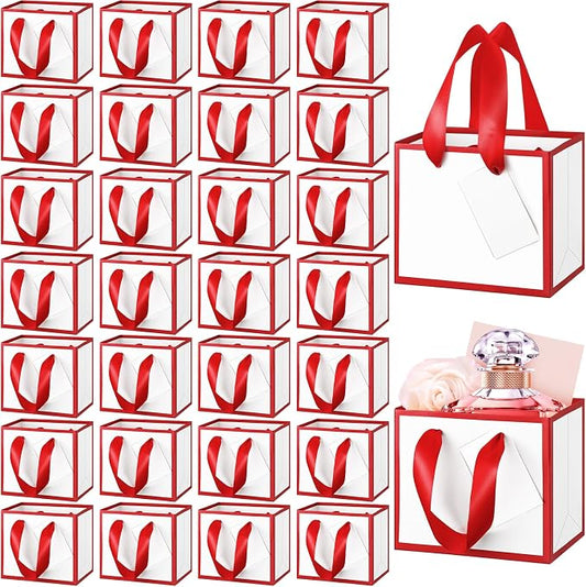 Yeaqee 100 Pcs Mini Metallic Paper Gift Bags with Handle, White, Red | 4.75x2.25x4'' Small Gift Bag with DIY Tag, Tiny Thank You Party Favor, Wedding Baby Shower Birthday Back to School Jewelry by Yeaqee
