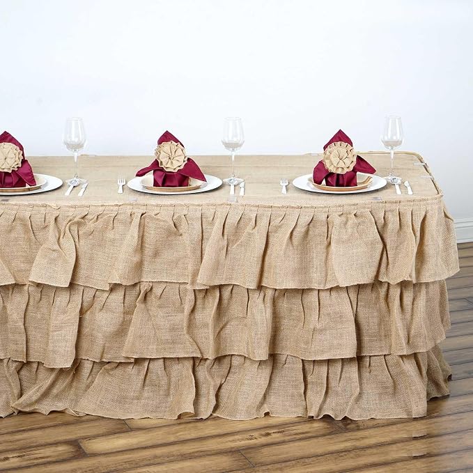 Efavormart 3 Tier Rustic Elegant Ruffled Burlap Table Skirt for Kitchen Dining Catering Wedding Party Decorations Events - 17 Ft - Image 9