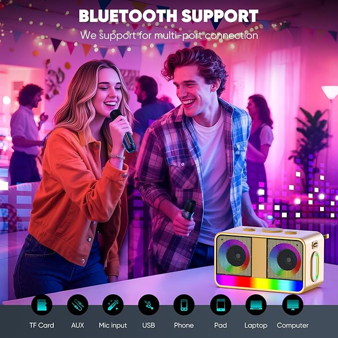 Karaoke Machine, Real 35W Portable Speaker,8H Long Time, 2 Rechargeable Wireless Microphones,LED,Karaoke Machine for Adults & Kids,BT/FM/USB/TF/AUX,for Home Party/Outdoors(CHJ171-Golden)