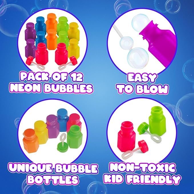 Mini Neon Party Bubbles for Kids - (Pack of 12) Bulk Wands and Bottles for Blowing Bubbles, Birthday Party Favors, Toy Gift, Outdoor Toys, Carnival Prizes, and Goody Bag Stuffers