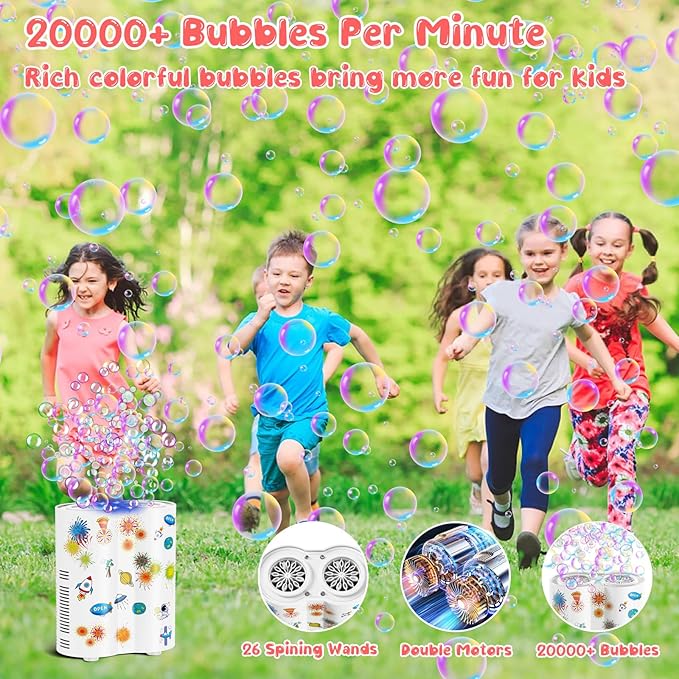 Panamalar Fireworks Bubble Machine, Automatic Bubble Blower Maker for Kids 20000+ Bubbles per Min, 26 Holes Bubble Machine with Lights/240ml Solution, DIY Sticker Bubble Toys for Outdoor Party Wedding