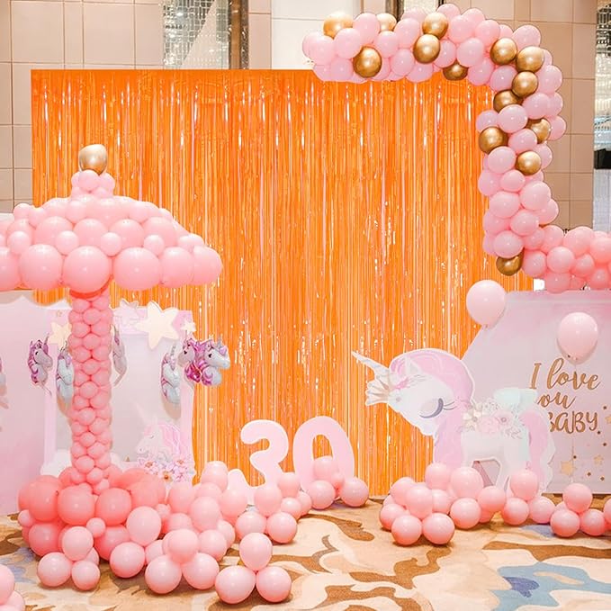 Orange Metallic Tinsel Foil Fringe Curtains, 2 Pack 3.3x8.3 Feet Party Streamer for Birthday Party Decorations, Halloween Decor, Foil Curtain for Bachelorette Party