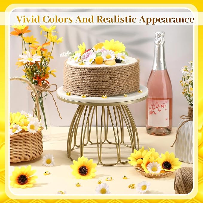 166 Pcs Artificial Sunflower Heads Tiny Bees Craft Decoration Fake Faux Silk Daisy Decoration Fabric Daisy Flower Head with Jute Rope for Party Wedding DIY Decor(Yellow and White,Single Size) - Image 4