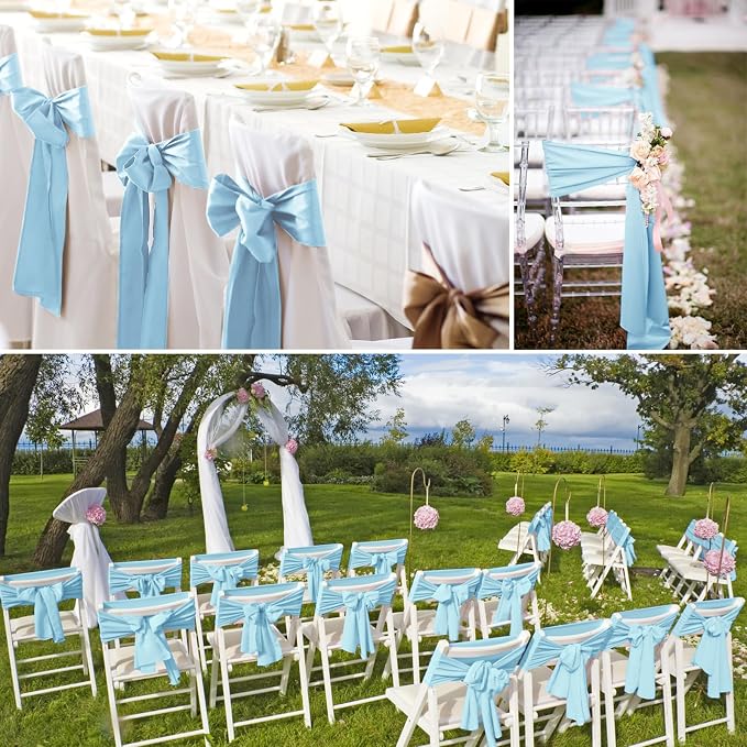 YMHPRIDE 60 PCS Baby Blue Satin Chair Sashes,Ties Bows Designed Chair Sashes for Wedding Party Baby Shower Banquet Restaurant Hotel Folding Chairs Decoration(Light Blue,7x78 inch) - Image 7