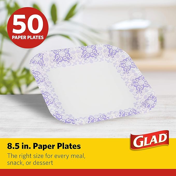 Glad Square Disposable Paper Plates, Purple Victorian, 8.5 Inch, 50 Count | Heavy-duty paper, soak-proof and cut-proof, microwaveable, parties and everyday meals - Image 2