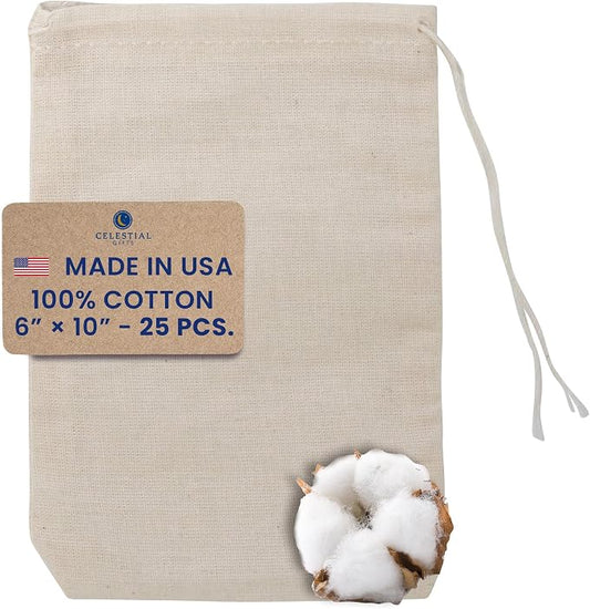 Celestial Gifts Reusable Cotton Muslin Bags with Drawstring, 25pcs, 6x10 | Large Drawstring Bags Bulk, Gift Bags for Party Favor & DIY Craft, 100% Cotton, Made in USA, Natural Hem & Drawstring by CelestialGifts