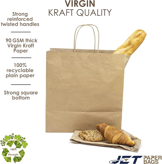 JET PAPER BAGS - 11x7x12 Inch [250 Pcs] Brown Paper Bags with Handles Prime for Takeout, Grocery, Goody, Retail, Party, Gifts, Weddings - Image 3