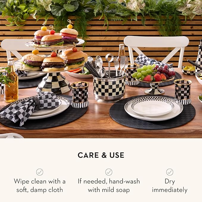 MACKENZIE-CHILDS Enamel Pedestal Serving Platter, Decorative Serving Dish for Food, Mini, Black-and-White Courtly Check