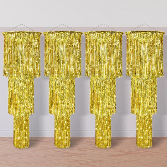Tatuo 3 Tier Metallic Tinsel Chandelier Shimmering Fringe Chandelier Decor Hanging Decoration Photo Booth Backdrop for Birthday Anniversary Wedding New Year's Eve Party Supplies, 4 ft (4 Pcs,Gold)