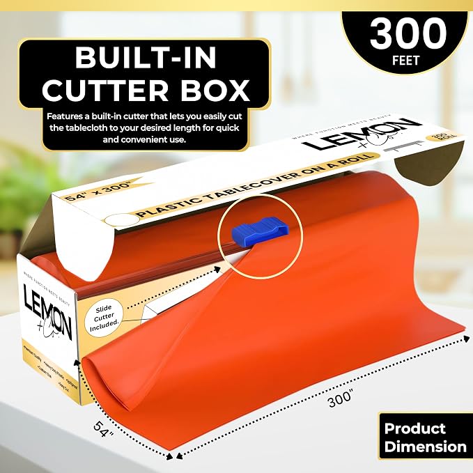 LEMON + Co. Orange Premium Plastic Tablecloth Roll - 54" x300' for Parties with Cutter Box - Cut to Size Rectangle & Round Disposable Tablecloth Plastic Table Cover - Image 3
