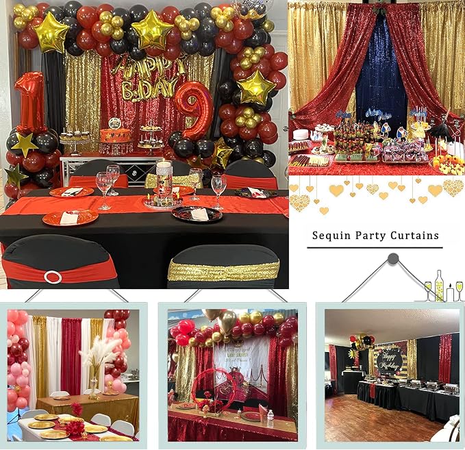 Sequin Backdrop Curtain 4 Panels 2FTx8FT Glitter Background Drapes Sparkle Photography Backdrop for Party Wedding Birthday Wall Decoration (Red× 2 and Gold×2) - Image 5