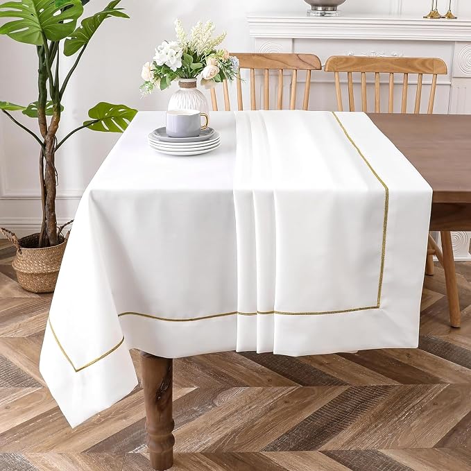 Majestic Giftware Linen Look Polyester Tablecloths for Rectangle Tables | (70/108) - TC1553 White with Gold Trim Design Etched at Seam Table Cover | Decorative Washable Tablecloth for Kitchen & Dining by MajesticGiftware