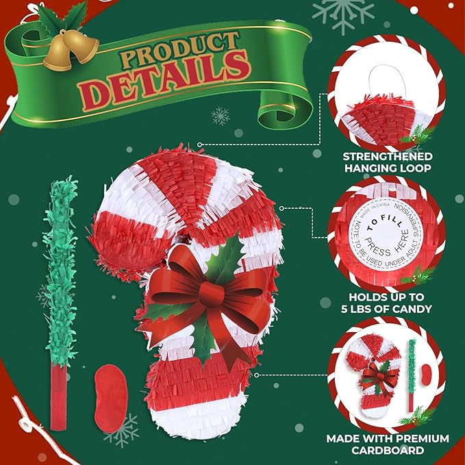 Christmas Candy Cane Pinatas Bundle with a Blindfold and Bat (Small Size 17x11x4 Inches), Holiday Theme Piñata, Christmas Party Supplies, Xmas Piñata, Party Decoration Games