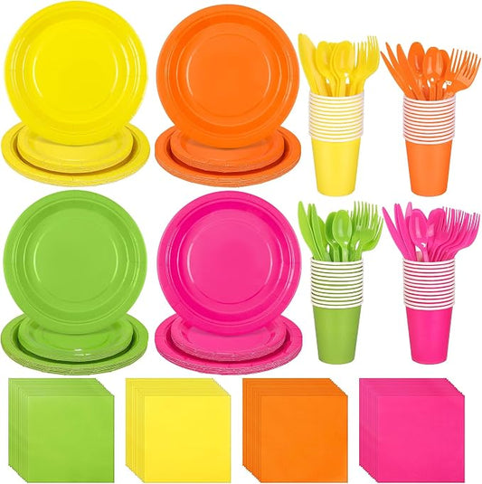 durony 350 Pieces Neon Party Supplies Paper Plates Serve 50 Guests 7 Inch 9 Inch Dinner Plates Napkins Paper Cups Cutlery Bright Color Disposable Glow Party Tableware for Fiesta Neon Birthday by durony