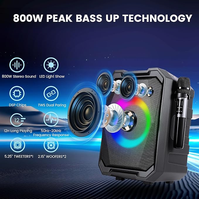 Karaoke Machine with 2 Wireless Microphones, Portable Bluetooth Party Karaoke Speaker with LED Lights, Bass/Treble Adjustment, TWS, 800W(Peak) PA System for Home Party, Supports USB/AUX/REC/Mic-in