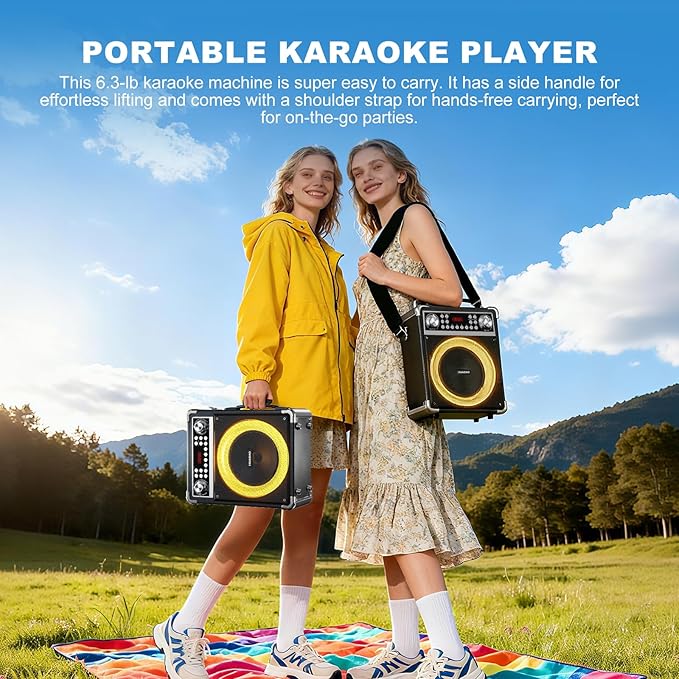 Karaoke Machine with 2 Wireless Microphones, Portable Bluetooth Speaker of Adults & Kids, PA System with Remote & Lights, Bass/Treble Control, Support USB/AUX/TF/FM, Party Speaker for Home