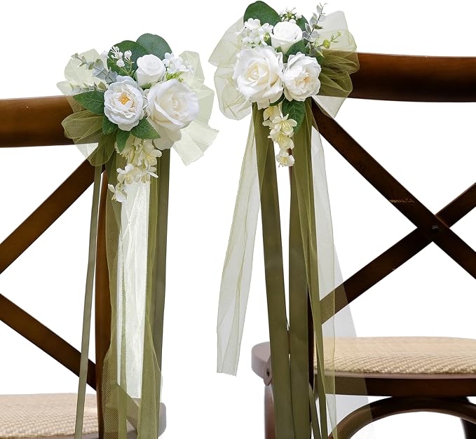White&Greenery Wedding Chair Decor Set of 8,Chair Back Flowers,Aisle Decor for Ceremony,Reception,Outdoor,Church Pew Wedding Aisle,Artificial Flowers by BENCENTRE
