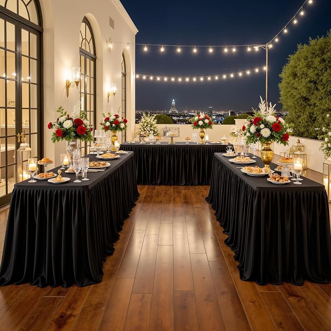 Leegleri 132inch Black Polyester Table Skirt for Rectangle tables 6ft/8ft, Wrinkle Resistant Pleated Ruffle Table Cloth for Banquet,Wedding,Trade,Baby Shower,Display Gift Dining Table - Image 8
