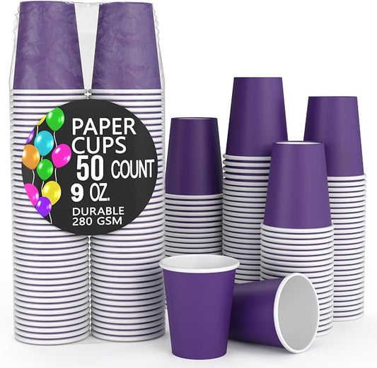 Party Solids Purple Paper Cups 9 oz - 50 Disposable Cups for Hot & Cold Drinks - Durable 280 GSM Coffee Tea Tumblers for Parties Events & To Go by PartySolids
